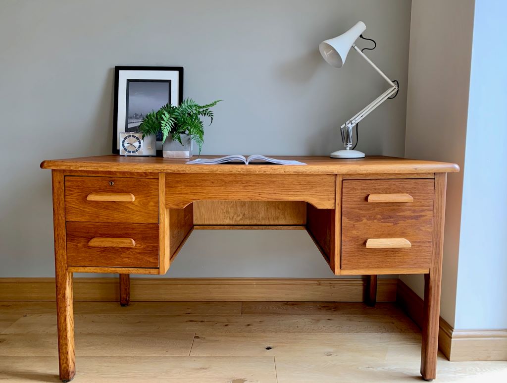 X Mid Century Double Pedestal Teachers Desk in Oak by Abbess Antique