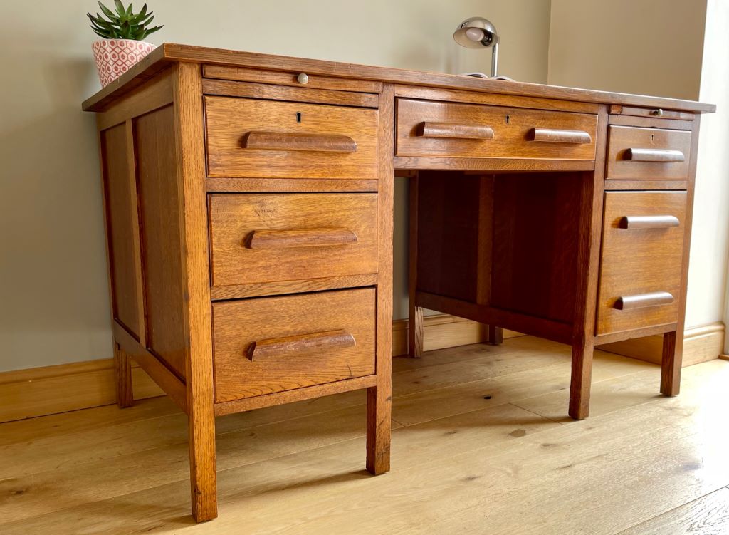 Mid Century Double Pedestal Teachers Desk in Honey Oak Antique