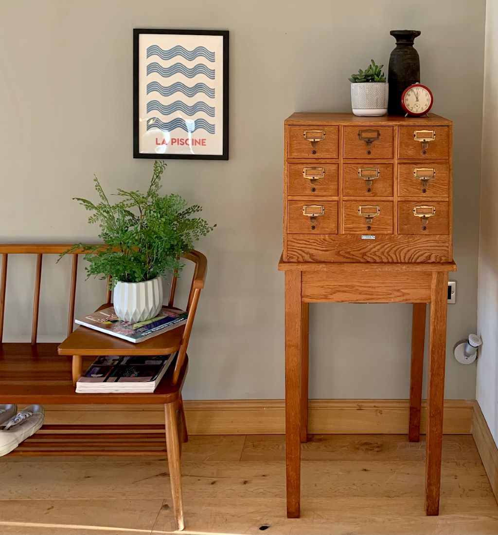 Superb Mid Century Index Card Drawers on Original Stand Antique, Vintage and Retro Furniture