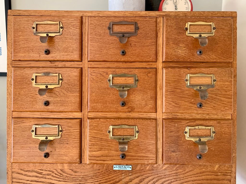 Superb Mid Century Index Card Drawers on Original Stand Antique, Vintage and Retro Furniture