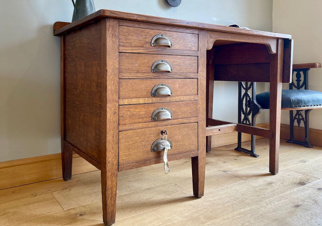 1930's George VI Oak Desk with Side Extension – Antique, Vintage